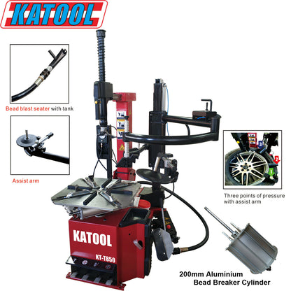 kt-t850 tire changer showing components such as assist arm and bead blaster