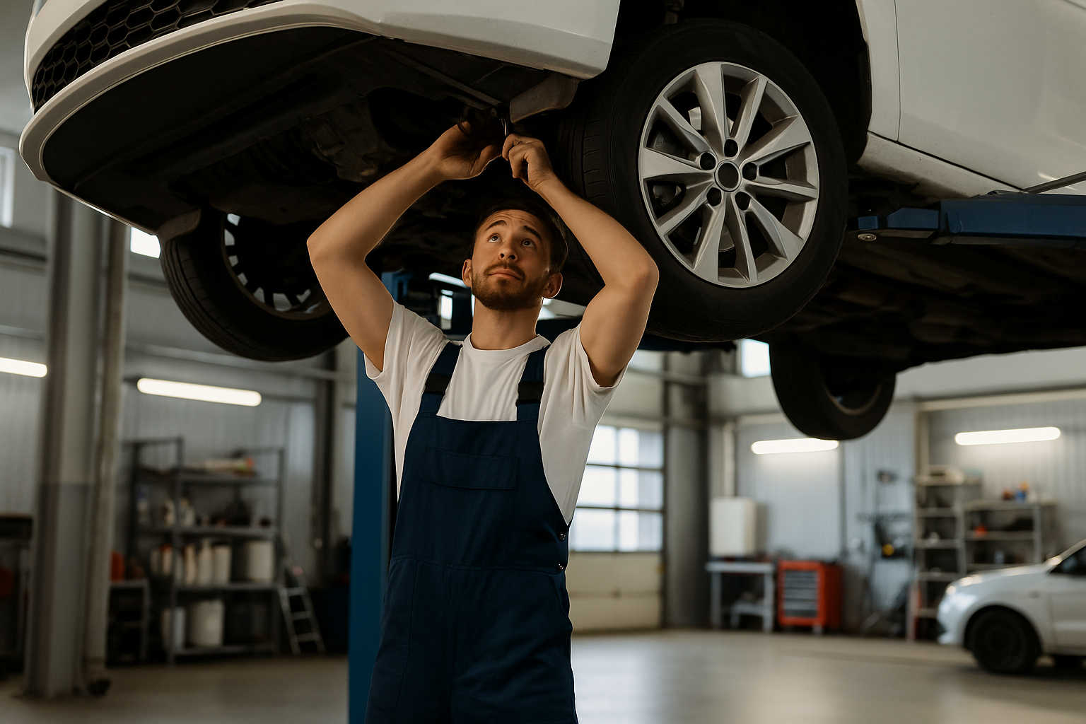 Mechanic working on a car in a garage turbo lifts two post lifts