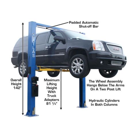 Atlas 9ohsc 2 post lift with car on it showing the specs such a as lifting height